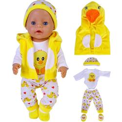 Poppenkleertjes - Geschikt voor Baby Born - Eend kledingset - Romper, broek, vest, slofjes, muts - Complete outfit voor babypop